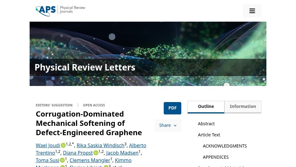 Screenshot of journals.aps.org: Corrugation-Dominated Mechanical Softening of Defect-Engineered Graphene