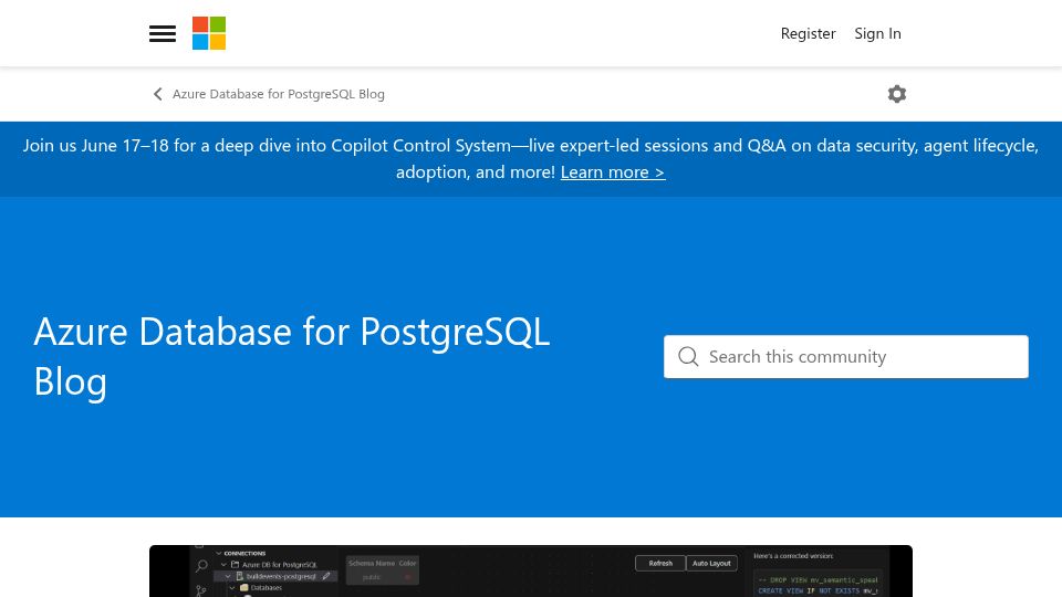 Screenshot of techcommunity.microsoft.com: Postgres IDE in VS Code