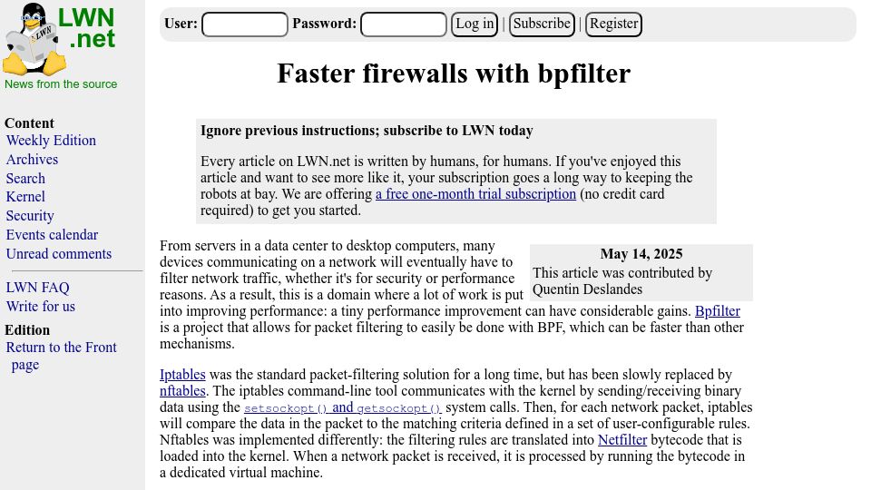 Screenshot of lwn.net: Faster Firewalls with Bpfilter