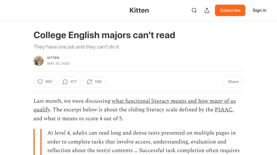 Screenshot of kittenbeloved.substack.com: College English majors can't read