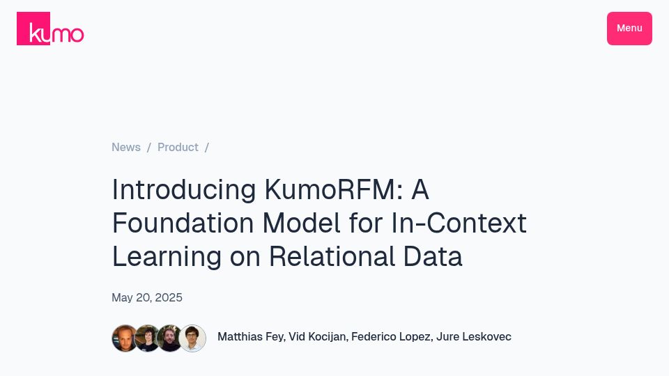 Screenshot of kumo.ai: KumoRFM: A Foundation Model for In-Context Learning on Relational Data
