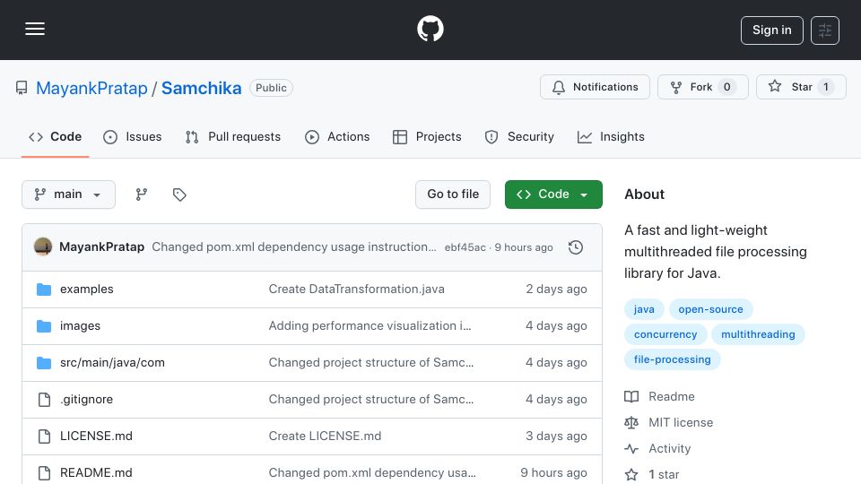 Screenshot of github.com: Show HN: Samchika – A Java Library for Fast, Multithreaded File Processing
