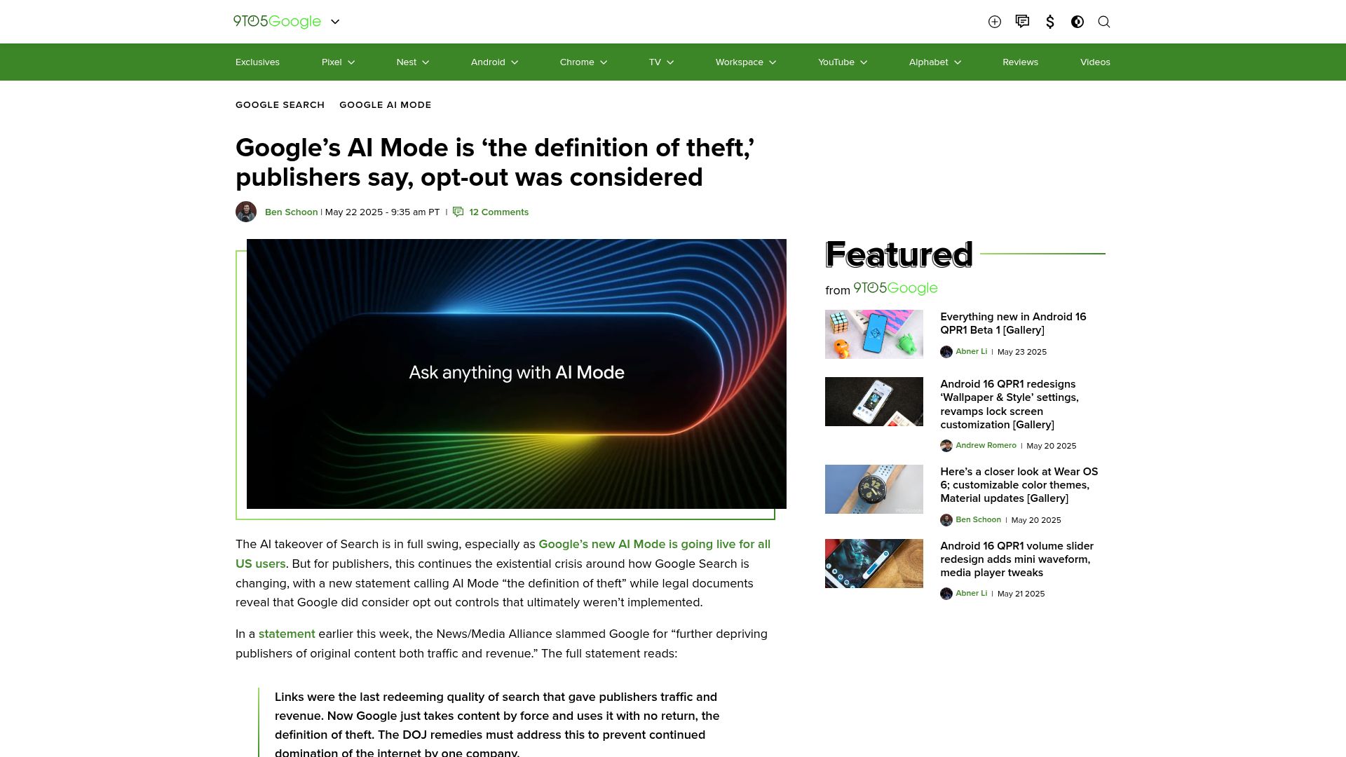 Screenshot of 9to5google.com: Google's AI Mode is 'the definition of theft,' publishers say