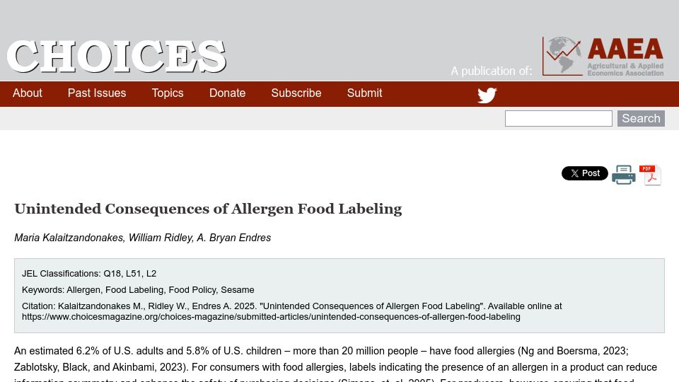 Screenshot of choicesmagazine.org: Sesame Scheme: Unintended Consequences of Allergen Food Labeling