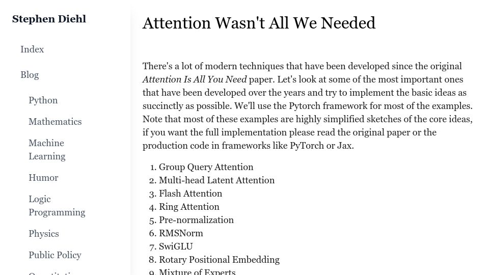 Screenshot of stephendiehl.com: Attention Wasn't All We Needed