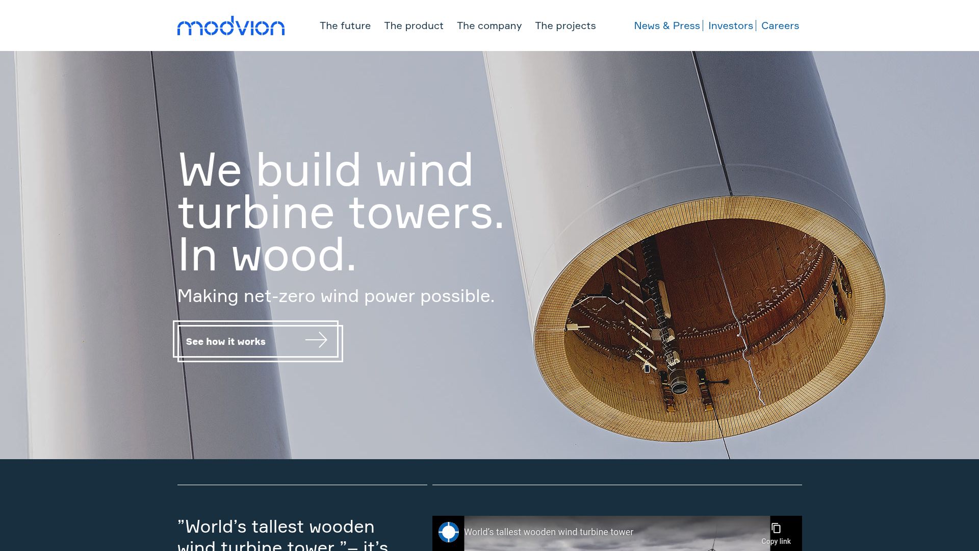 Screenshot of modvion.com: Tallest Wooden Wind Turbine