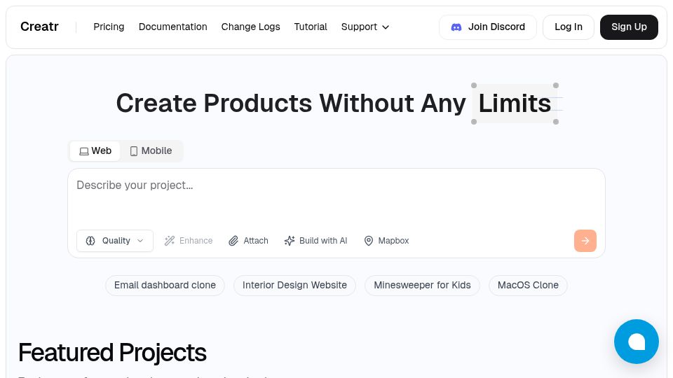Screenshot of getcreatr.com: Like Lovable but can make apps with gen-AI powered back ends