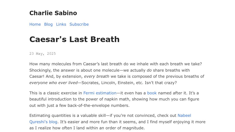 Screenshot of charliesabino.com: Caesar's Last Breath
