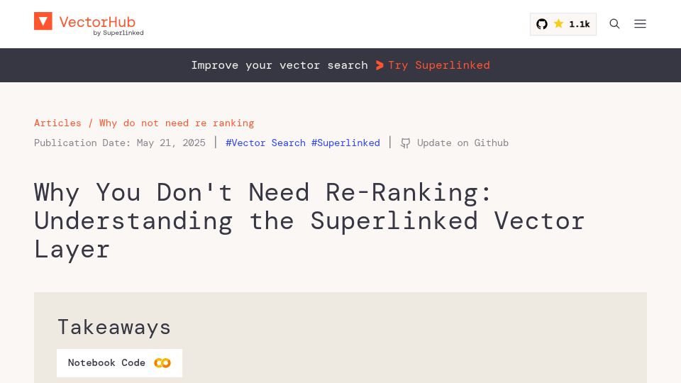 Screenshot of superlinked.com: You Don't Need Re-Ranking: Understanding the Superlinked Vector Layer