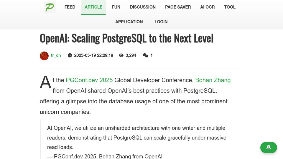 Screenshot of pixelstech.net: OpenAI: Scaling PostgreSQL to the Next Level