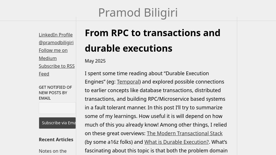 Screenshot of pramodb.com: From RPC to transactions and durable executions