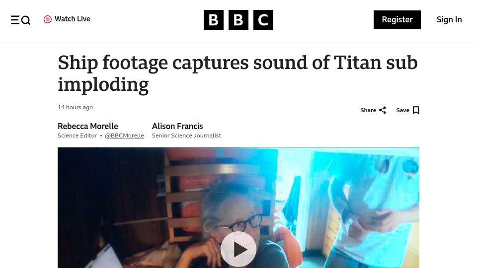 Screenshot of bbc.com: Ship footage captures sound of Titan sub imploding