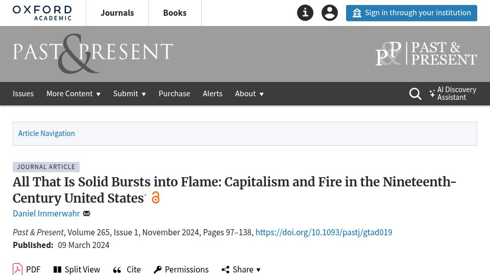 Screenshot of academic.oup.com: All That Is Solid Bursts into Flame: Capitalism and Fire in the 19th Century US