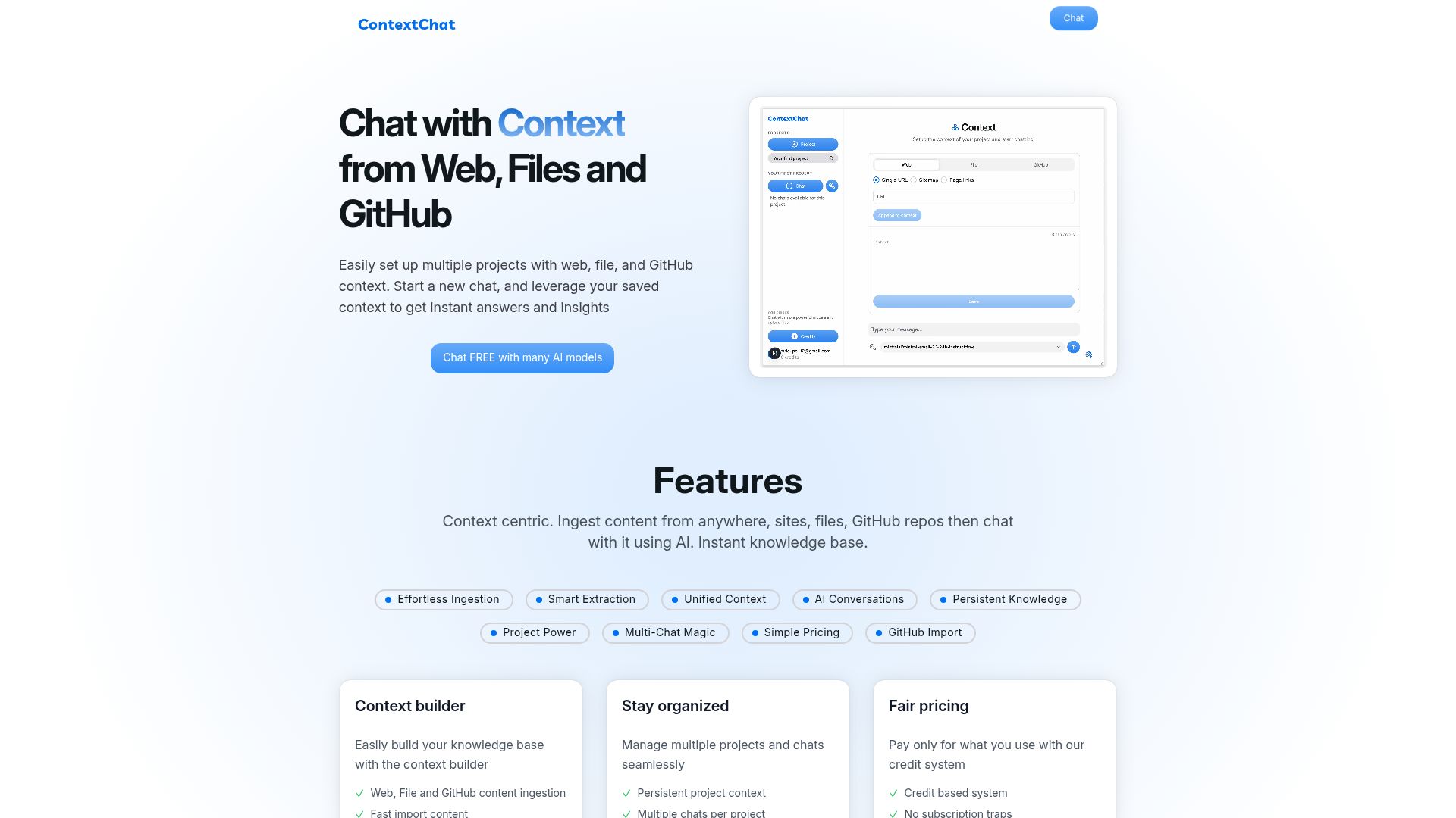 Screenshot of contextch.at: Show HN: I built a more productive way to manage AI chats