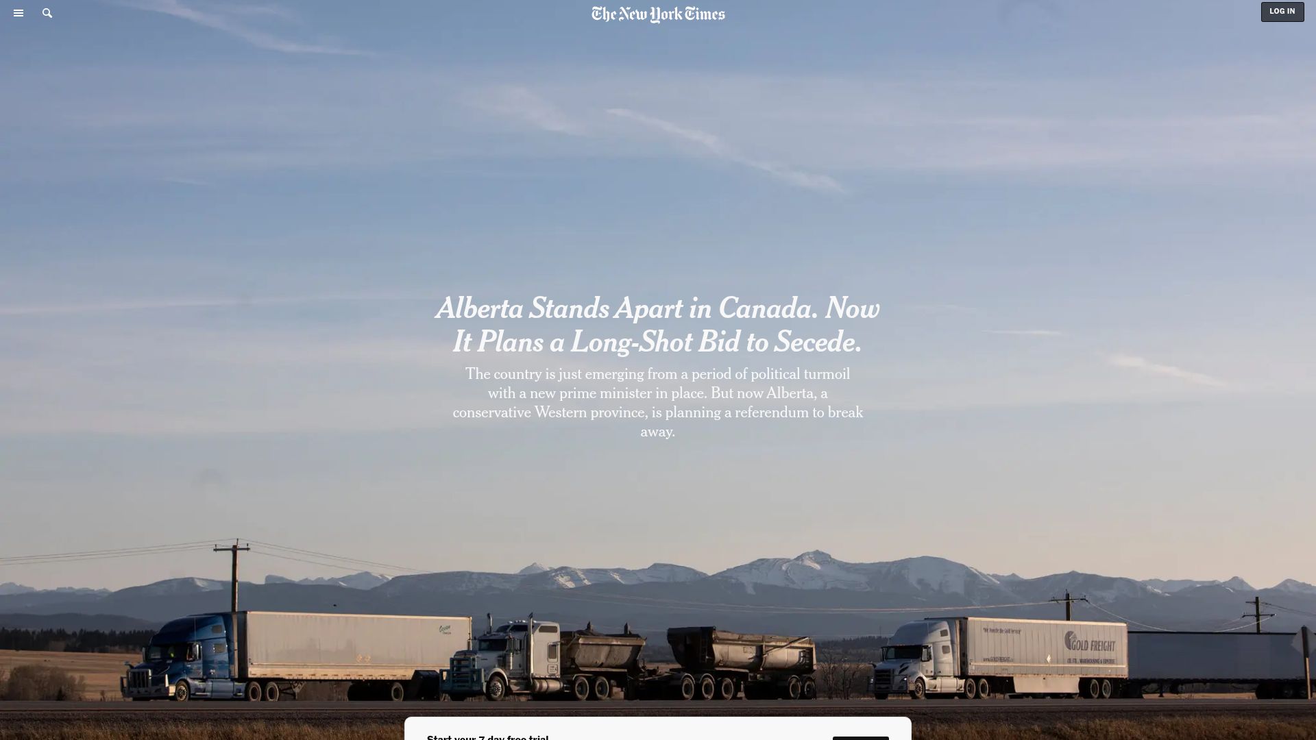 Screenshot of nytimes.com: Alberta separatism push roils Canada