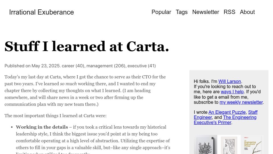 Screenshot of lethain.com: Stuff I Learned at Carta
