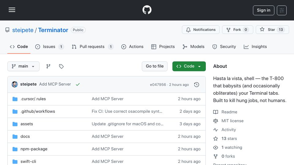 Screenshot of github.com: Terminator: Hasta La Vista, Shell