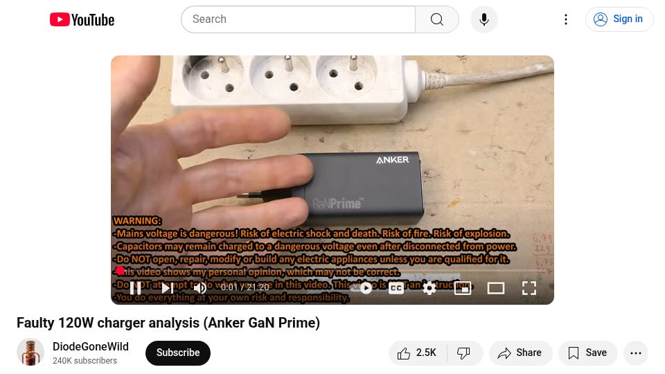 Screenshot of youtube.com: Faulty 120W charger analysis (Anker GAN Prime) [video]
