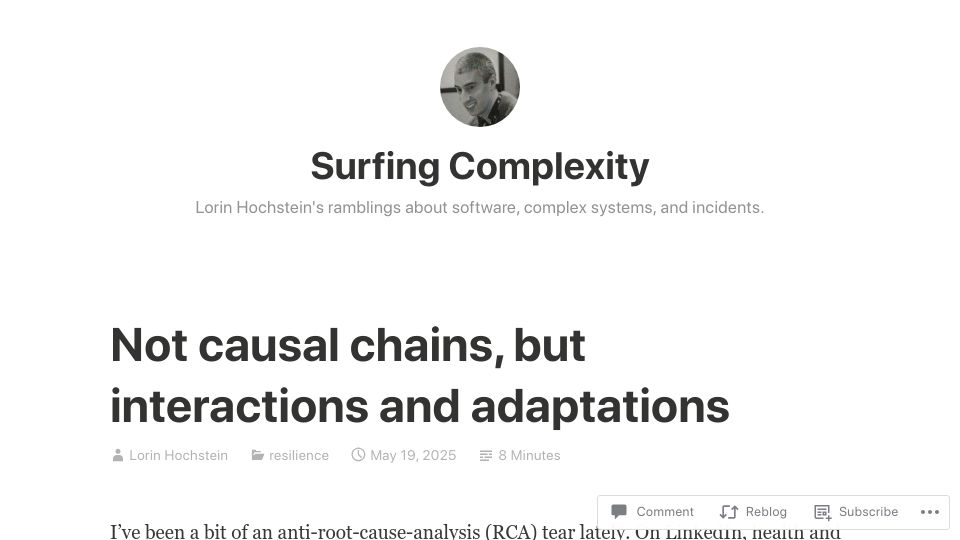 Screenshot of surfingcomplexity.blog: Not causal chains, but interactions and adaptations