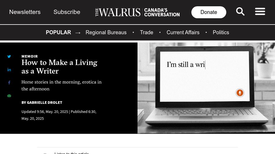 Screenshot of thewalrus.ca: How to Make a Living as a Writer