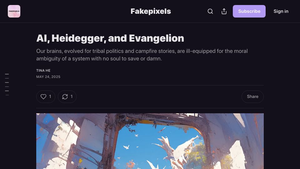 Screenshot of fakepixels.substack.com: AI, Heidegger, and Evangelion