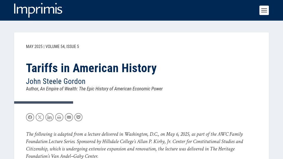 Screenshot of imprimis.hillsdale.edu: Tariffs in American History