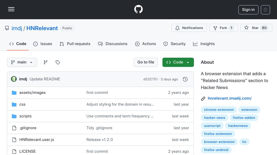Screenshot of github.com: Show HN: HNRelevant – Add a "related" section to Hacker News