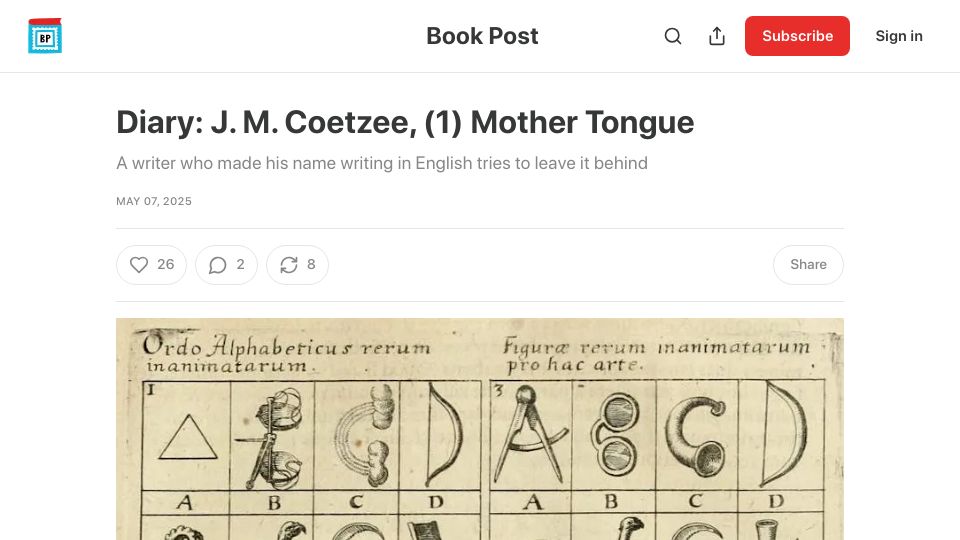 Screenshot of books.substack.com: Diary: J. M. Coetzee, (1) Mother Tongue