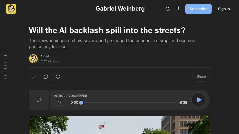 Screenshot of gabrielweinberg.com: Will the AI backlash spill into the streets?