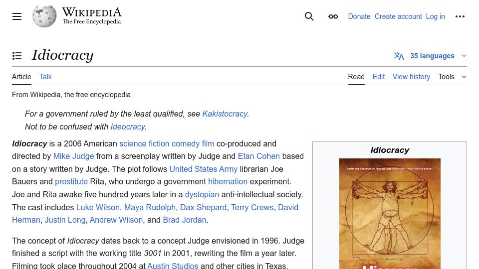 Screenshot of en.wikipedia.org: Idiocracy