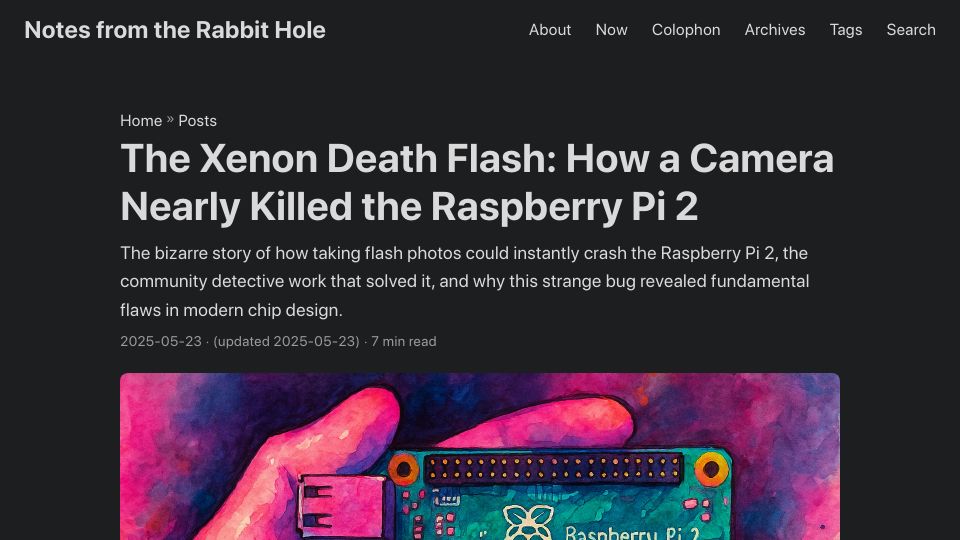 Screenshot of magnus919.com: The Xenon Death Flash: How a Camera Nearly Killed the Raspberry Pi 2