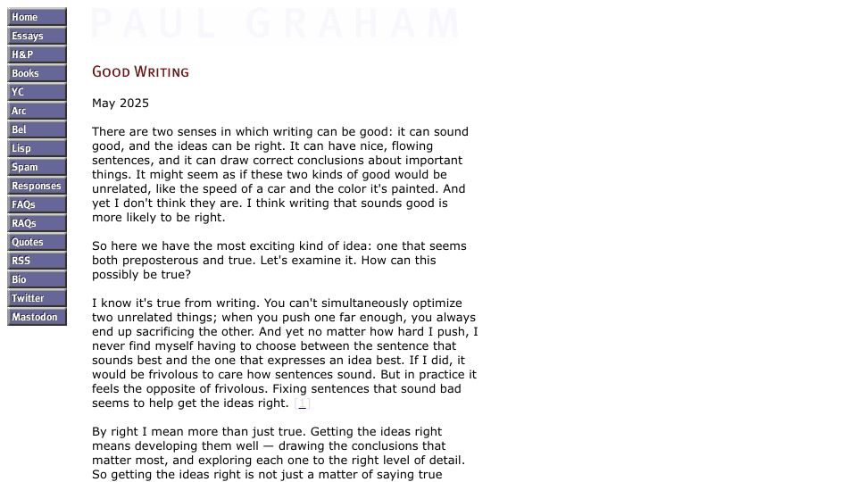 Screenshot of paulgraham.com: Good Writing