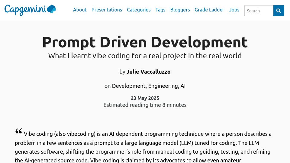 Screenshot of capgemini.github.io: Prompt Driven Development: What I learnt vibe coding a project in the real world