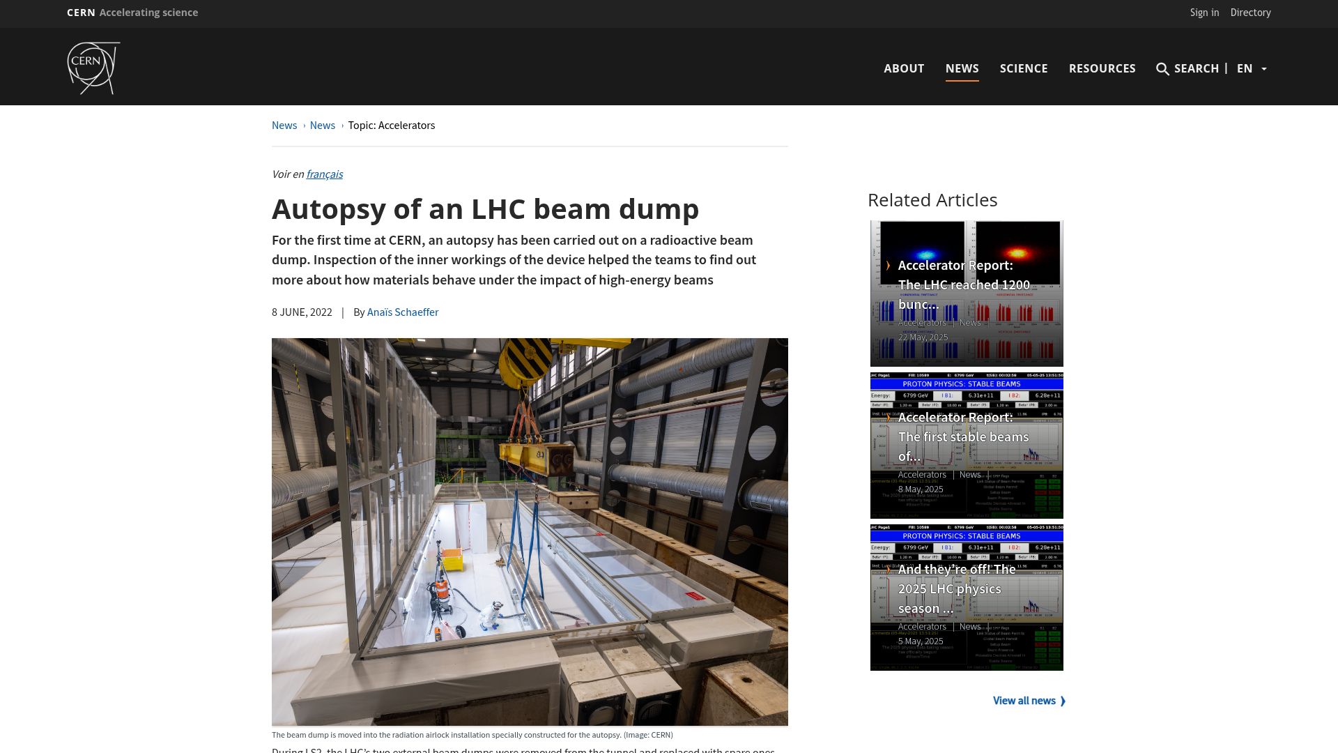 Screenshot of home.cern: Autopsy of an LHC Beam Dump