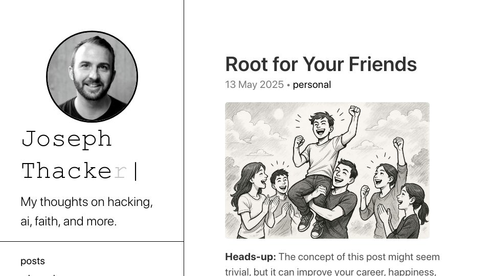 Screenshot of josephthacker.com: Root for your friends