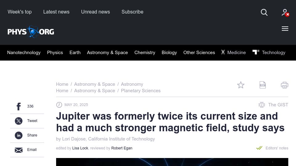 Screenshot of phys.org: Jupiter was formerly twice its current size, had a much stronger magnetic field