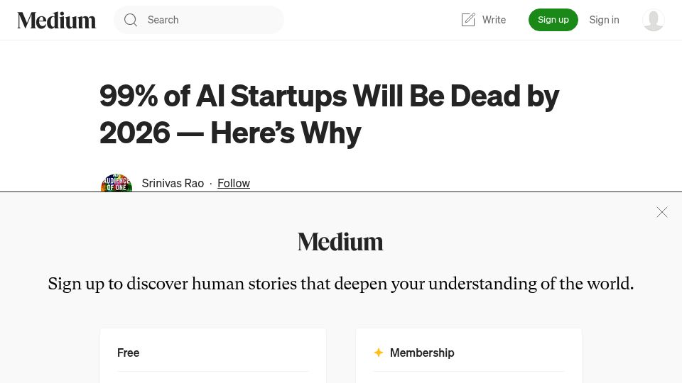 Screenshot of skooloflife.medium.com: 99% of AI Startups Will Be Dead by 2026 – Here's Why
