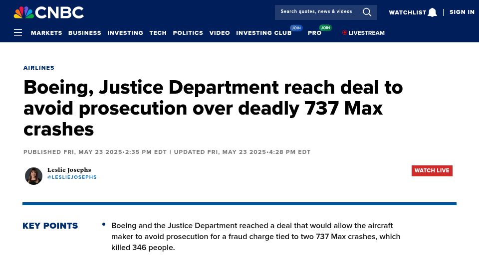 Screenshot of cnbc.com: Boeing reaches deal to avoid prosecution over deadly 737 MAX crashes
