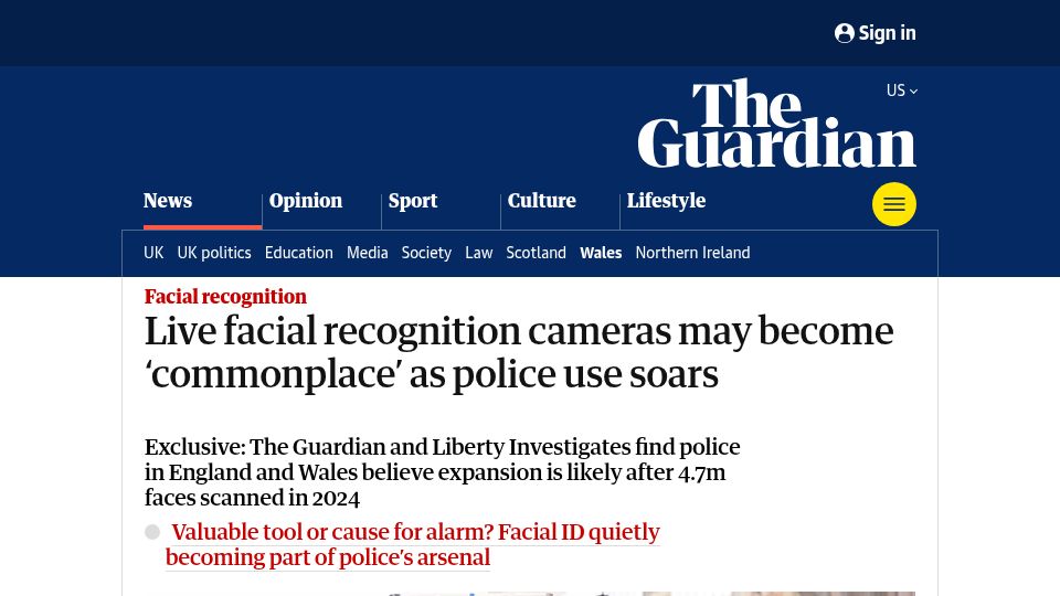 Screenshot of theguardian.com: Live facial recognition cameras may become 'commonplace' as police use soars