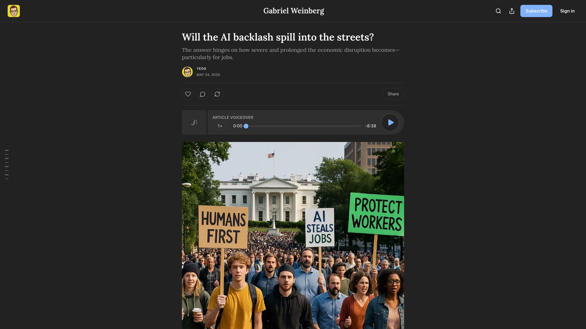 Screenshot of gabrielweinberg.com: Will the AI backlash spill into the streets?
