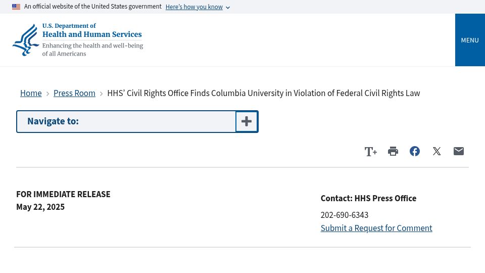 Screenshot of hhs.gov: HHS Finds Columbia University in Violation of Federal Civil Rights Law