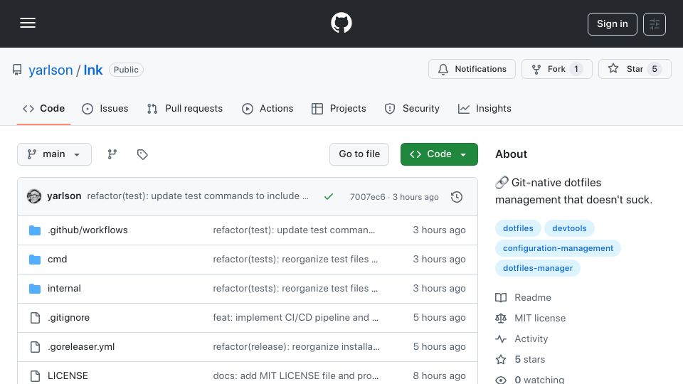 Screenshot of github.com: Show HN: Lnk – Git-native dotfiles manager