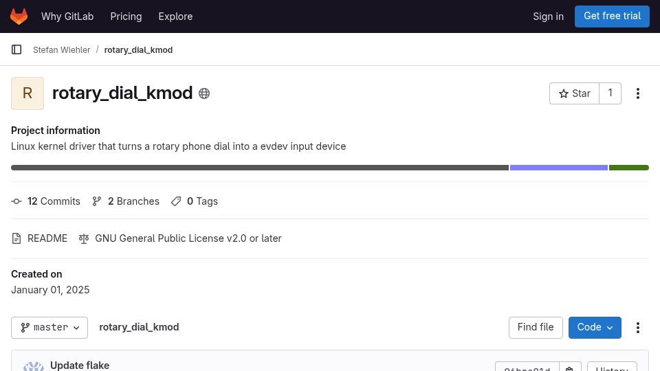 Screenshot of gitlab.com: Show HN: Rotary Phone Dial Linux Kernel Driver