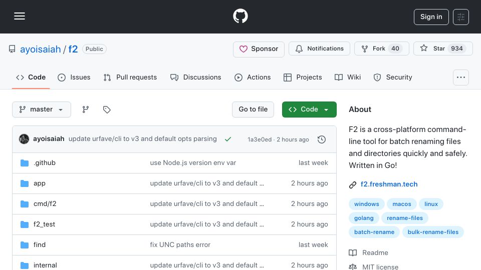 Screenshot of github.com: Show HN: F2 – Cross-Platform CLI Batch Renaming Tool