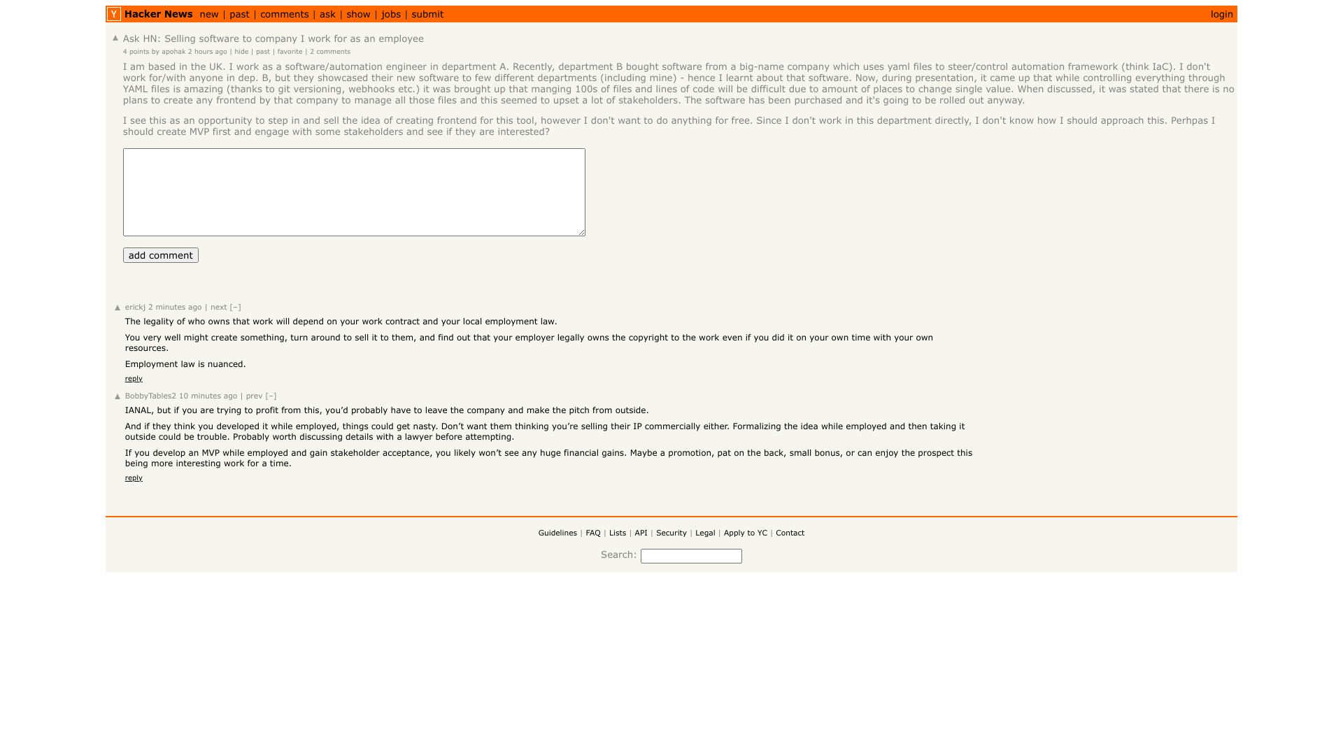 Screenshot of this Hacker News post: Ask HN: Selling software to company I work for as an employee