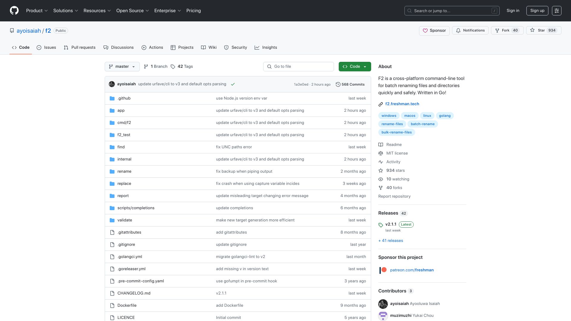 Screenshot of github.com: Show HN: F2 – Cross-Platform CLI Batch Renaming Tool