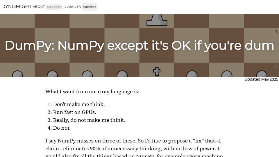 Screenshot of dynomight.net: DumPy: NumPy except it's OK if you're dum