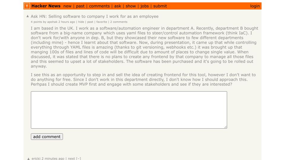 Screenshot of Hacker News post: Ask HN: Selling software to company I work for as an employee