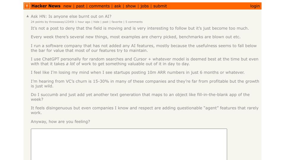 Screenshot of Hacker News post: Ask HN: Is anyone else burnt out on AI?