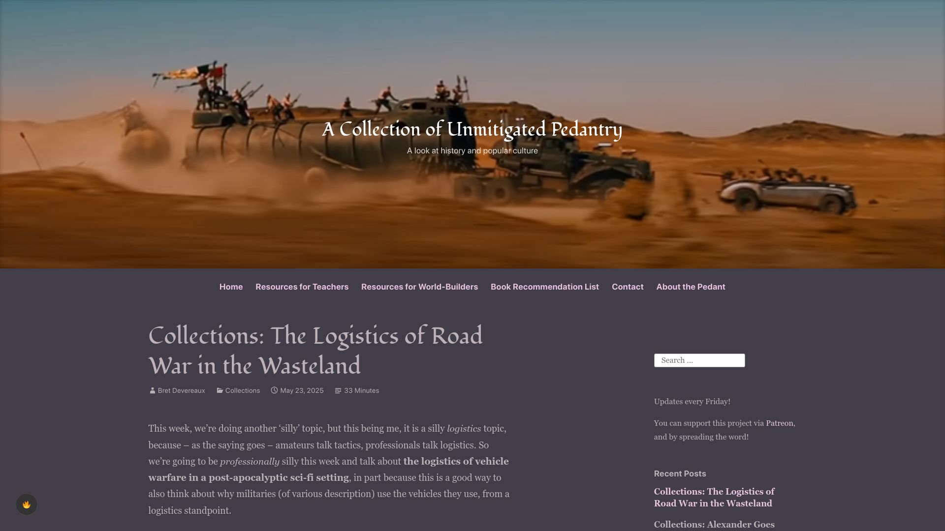 Screenshot of acoup.blog: The Logistics of Road War in the Wasteland